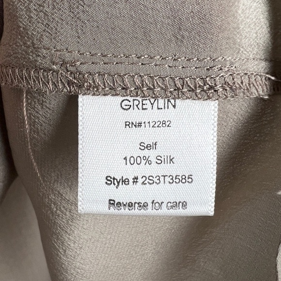 GREYLIN Taupe 100% Silk Ruffle Ladder Stitch Chic Classic Minimalist Top Sz S - Picture 6 of 7